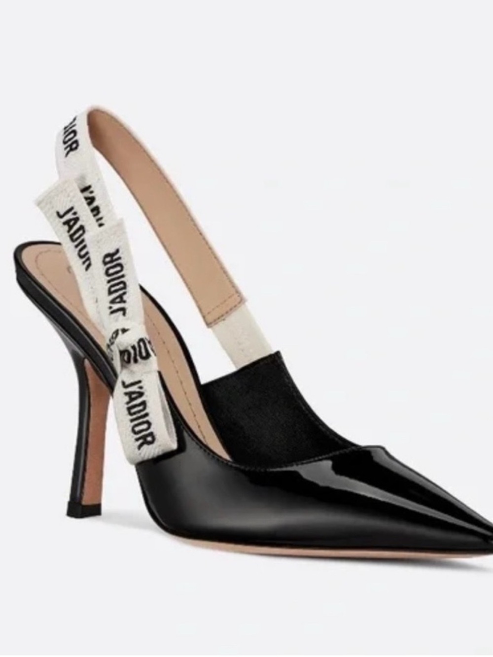 Dior Black Calfskin Leather Pointed Slingback with Cream J'Adior Strap